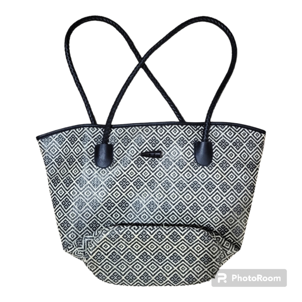 Neiman Marcus Black/White Travel Tote Bag w/ Straw Braided Handles